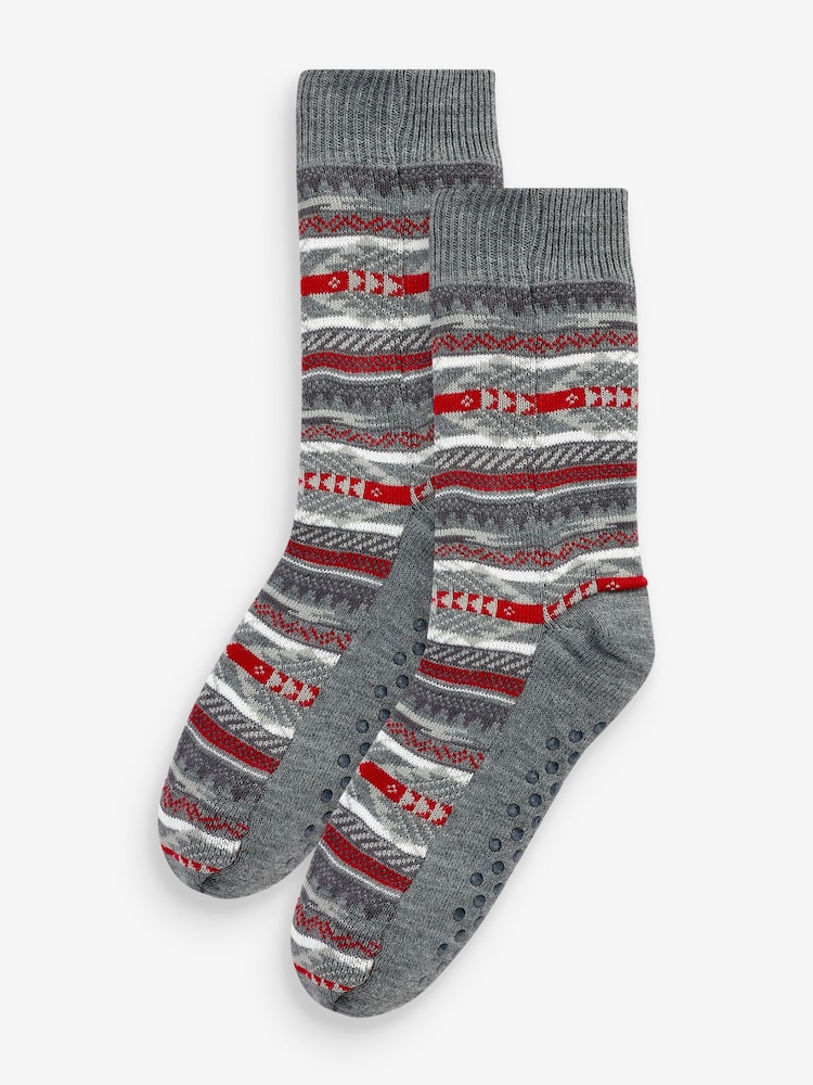 Grey Aztec Print Cable Slipper Socks - Image 1 of 2