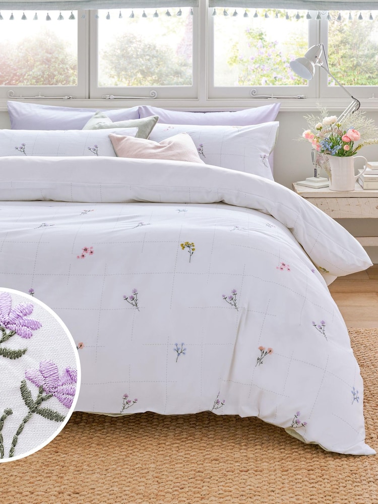 White Floral Embroidered Duvet Cover and Pillowcase Set - Image 1 of 5