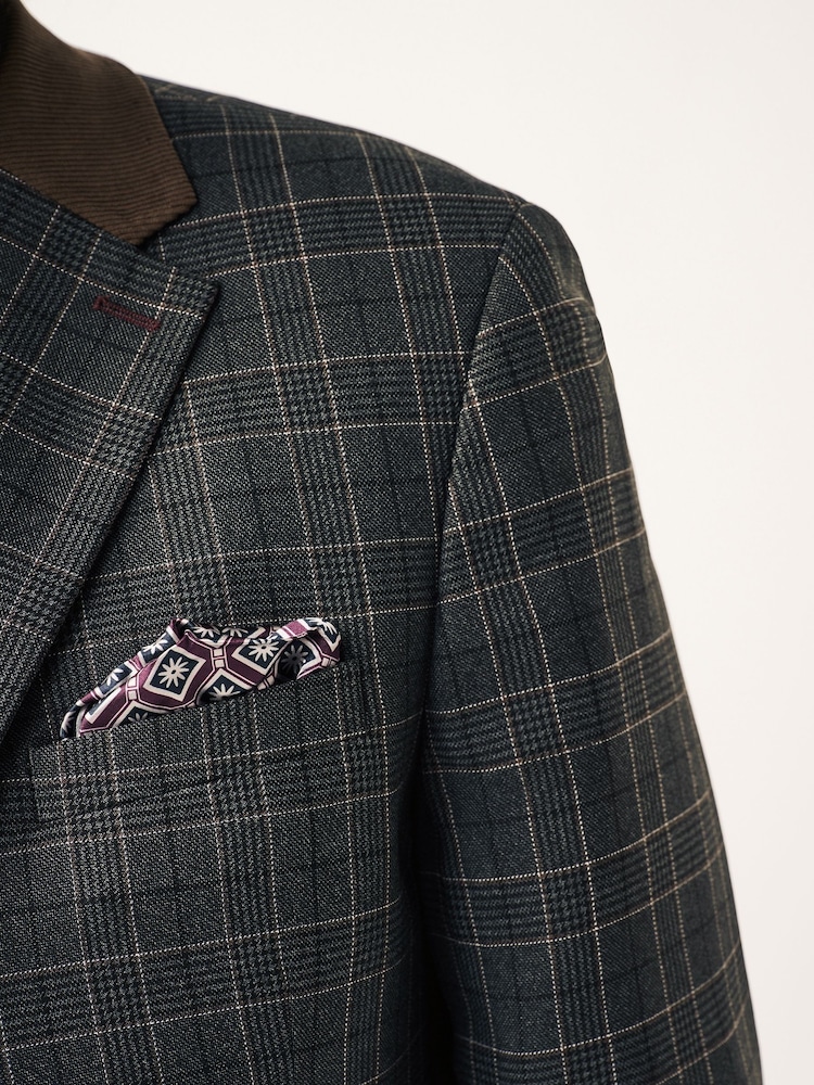 Charcoal Grey Tailored Fit Trimmed Check Suit Jacket - Image 10 of 10