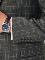 Charcoal Grey Tailored Fit Trimmed Check Suit Jacket - Image 2 of 10