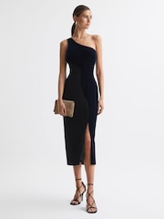 Reiss Black/Navy Cassie One-Shoulder Velvet-Satin Midi Dress - Image 1 of 6
