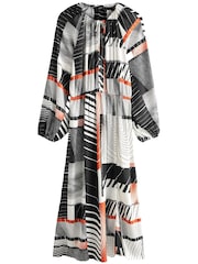 Monochrom/Orange mit abstraktem Print - Langärmliges Midikleid mit Bindeschleife - Bild 5 von 6