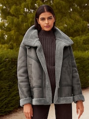 Grey Faux Suede Longline Aviator Jacket - Image 1 of 9