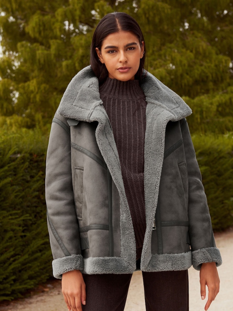 Grey Faux Suede Longline Aviator Jacket - Image 1 of 9