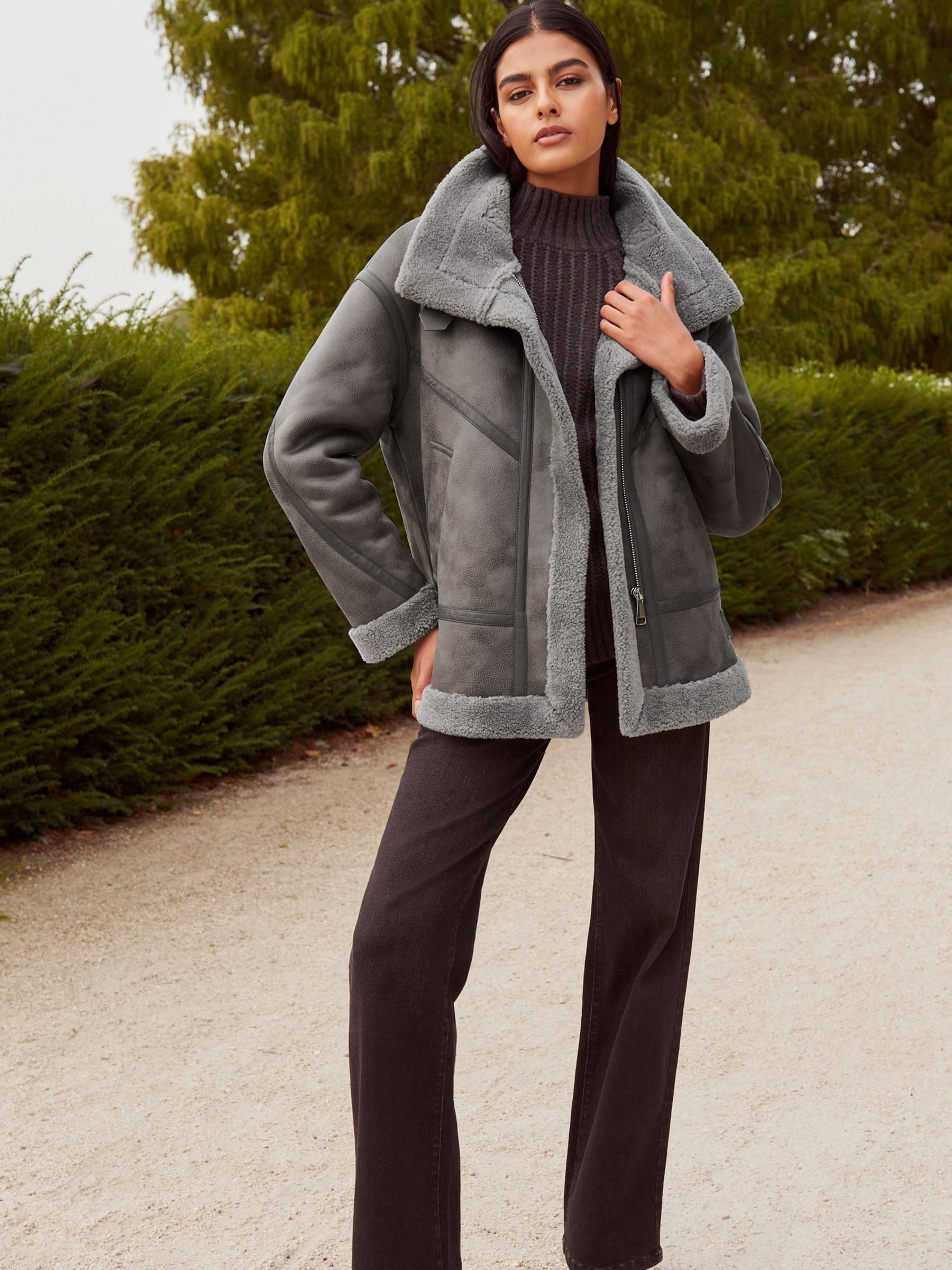 Buy Grey Faux Suede Longline Aviator Jacket from Next Luxembourg