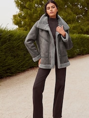 Grey Faux Suede Longline Aviator Jacket - Image 2 of 9