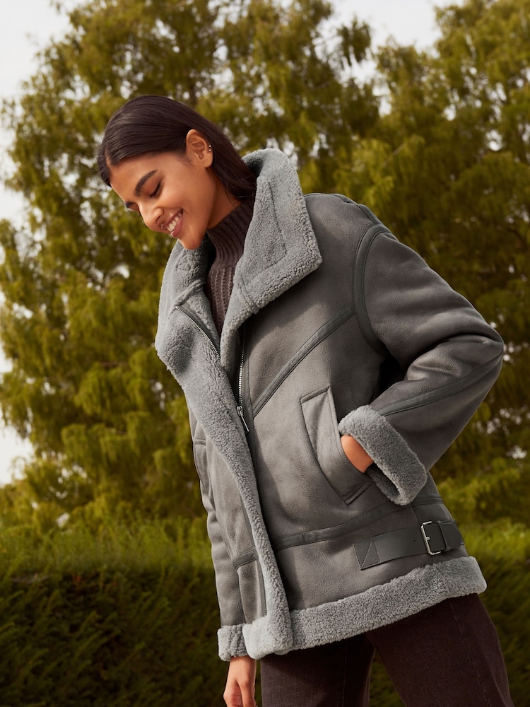 Grey Faux Suede Longline Aviator Jacket - Image 4 of 9