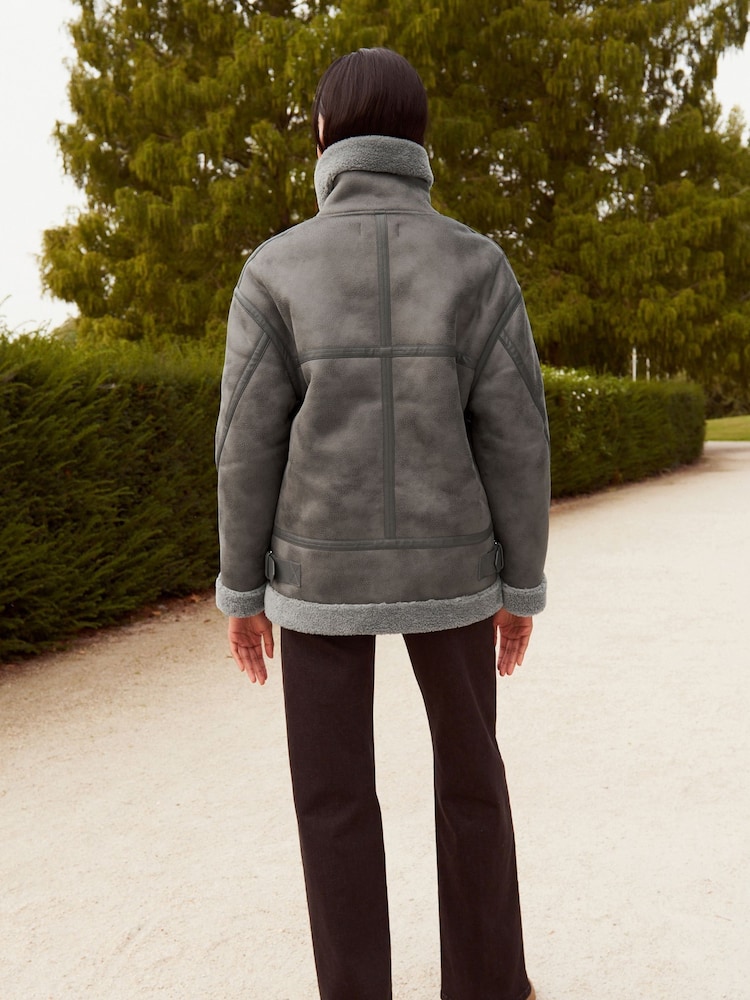 Grey Faux Suede Longline Aviator Jacket - Image 5 of 9