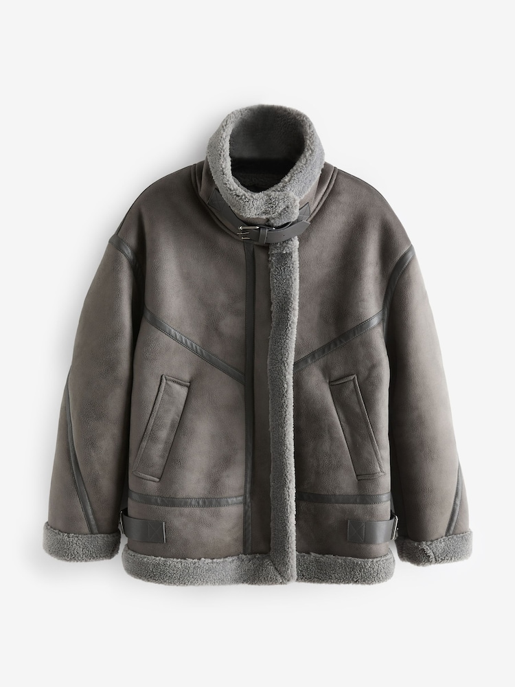 Grey Faux Suede Longline Aviator Jacket - Image 7 of 9