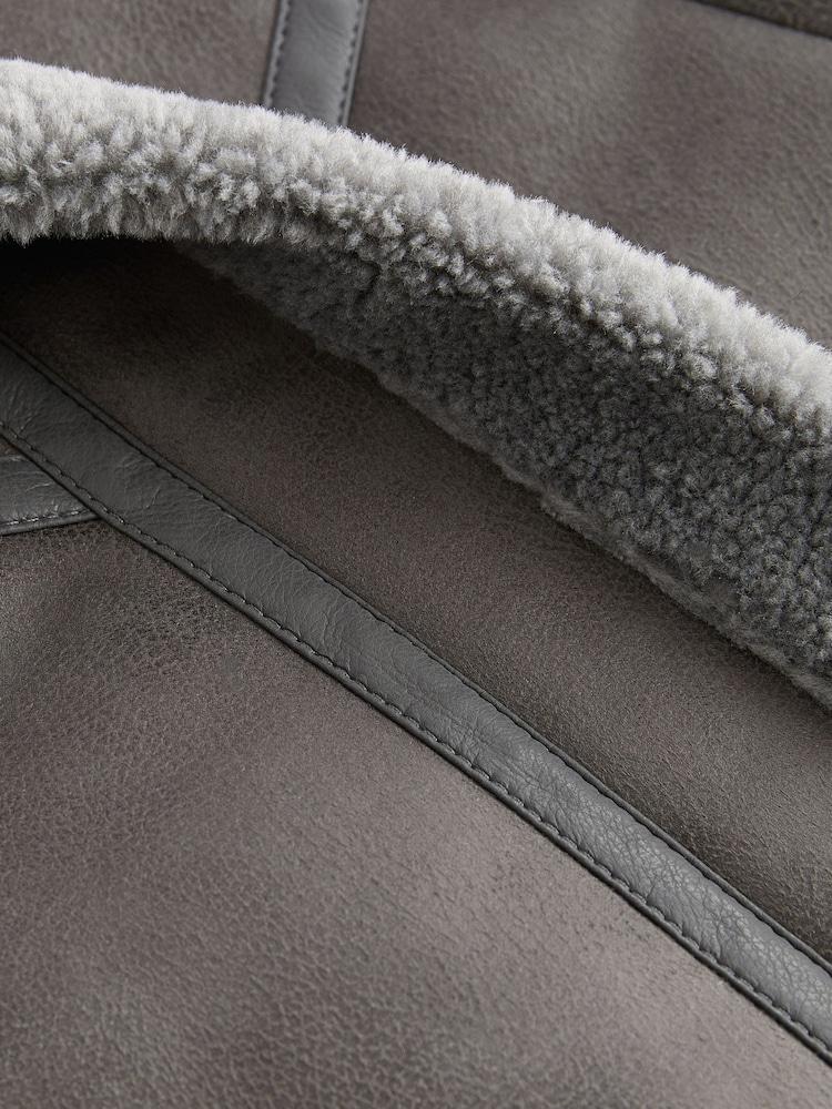 Grey Faux Suede Longline Aviator Jacket - Image 8 of 9