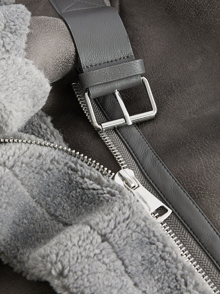 Grey Faux Suede Longline Aviator Jacket - Image 9 of 9