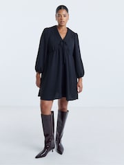 Simply Be Black Linen Herringbone Collared Skater Dress - Image 1 of 4