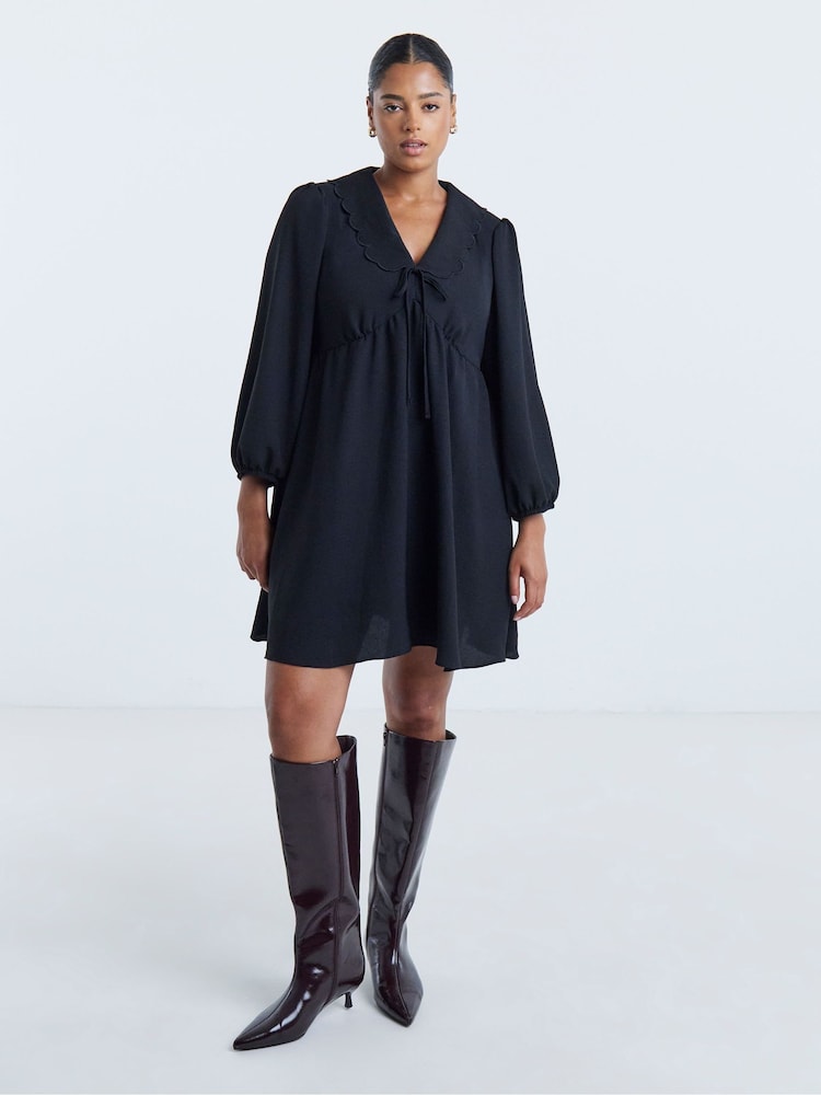 Simply Be Black Linen Herringbone Collared Skater Dress - Image 1 of 4 Simply Be Black Linen Herringbone Collared Skater Dress - Image 1 of 4