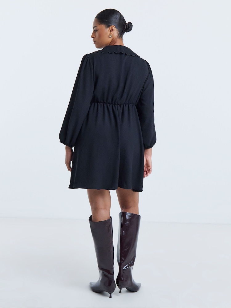 Simply Be Black Linen Herringbone Collared Skater Dress - Image 2 of 4 Simply Be Black Linen Herringbone Collared Skater Dress - Image 2 of 4