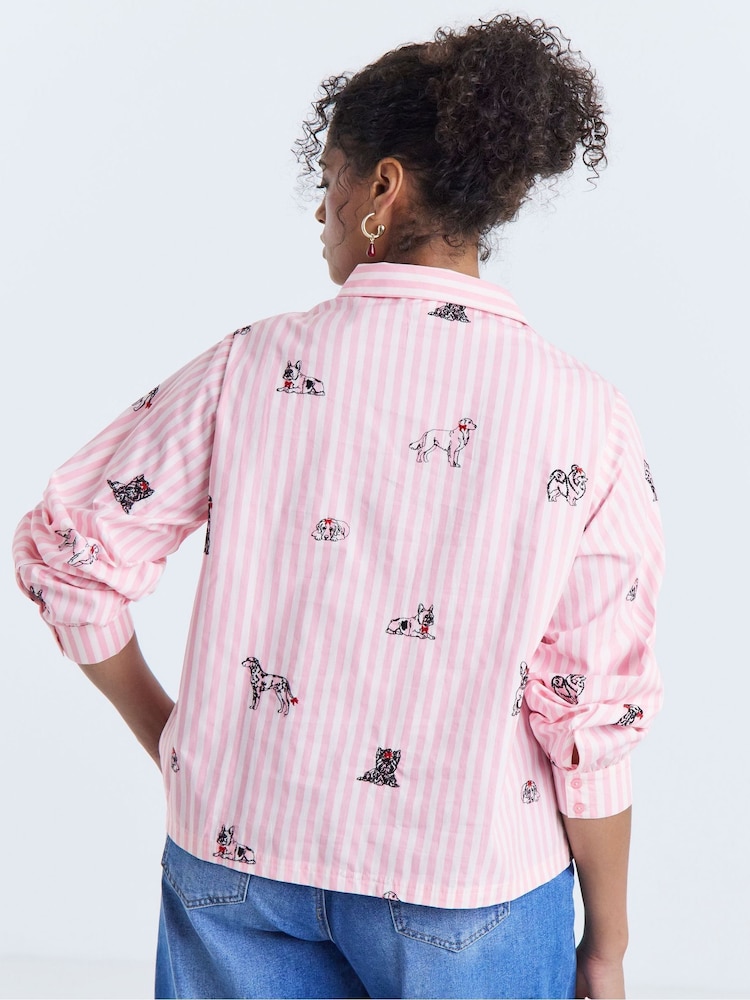 Simply Be Pink Dog Embroidery Stripe Shirt - Image 2 of 4 Simply Be Pink Dog Embroidery Stripe Shirt - Image 2 of 4