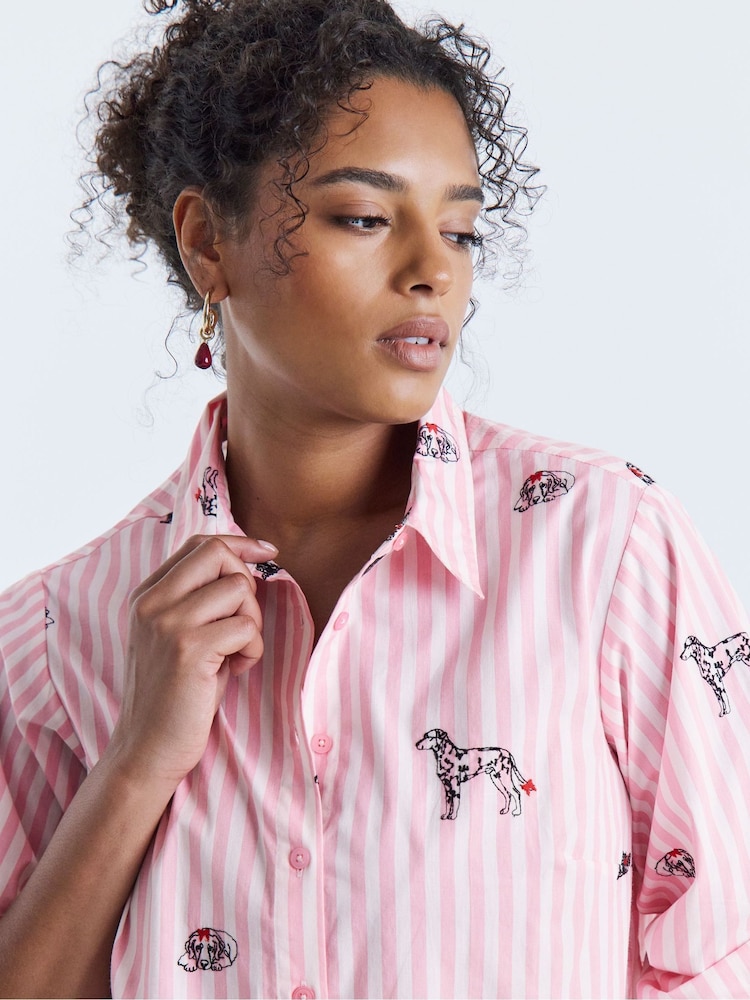 Simply Be Pink Dog Embroidery Stripe Shirt - Image 4 of 4 Simply Be Pink Dog Embroidery Stripe Shirt - Image 4 of 4