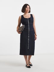 Simply Be Blue Seamed Denim Midi Dress - Image 1 of 4