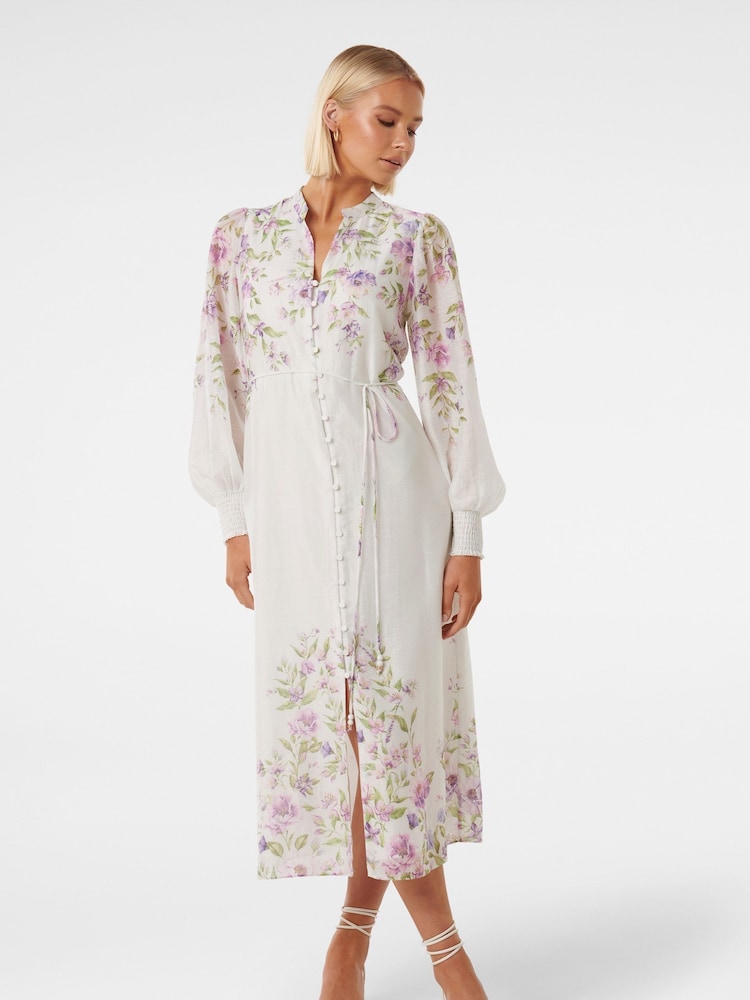 Forever New White Olympia Printed Shirt Dress contains Linen - Image 1 of 4