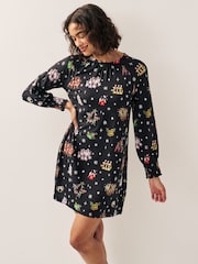 Black Graphic Long Sleeve Novelty Christmas Swing Dress - Image 1 of 5