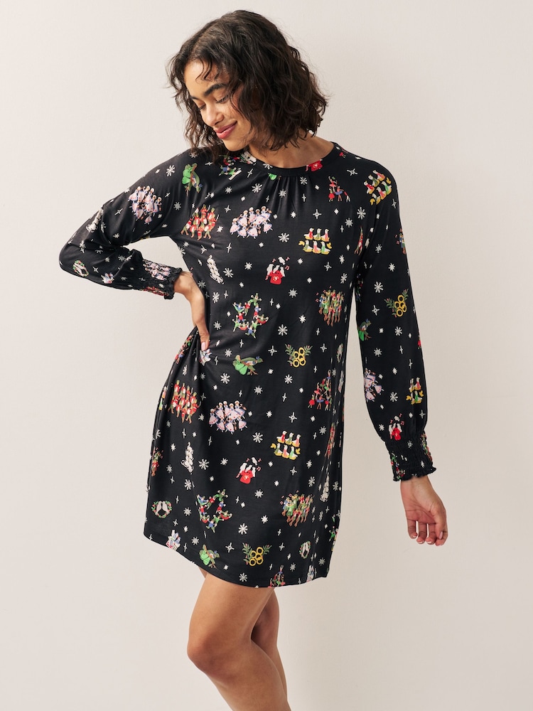 Black Graphic Long Sleeve Novelty Christmas Swing Dress - Image 1 of 5