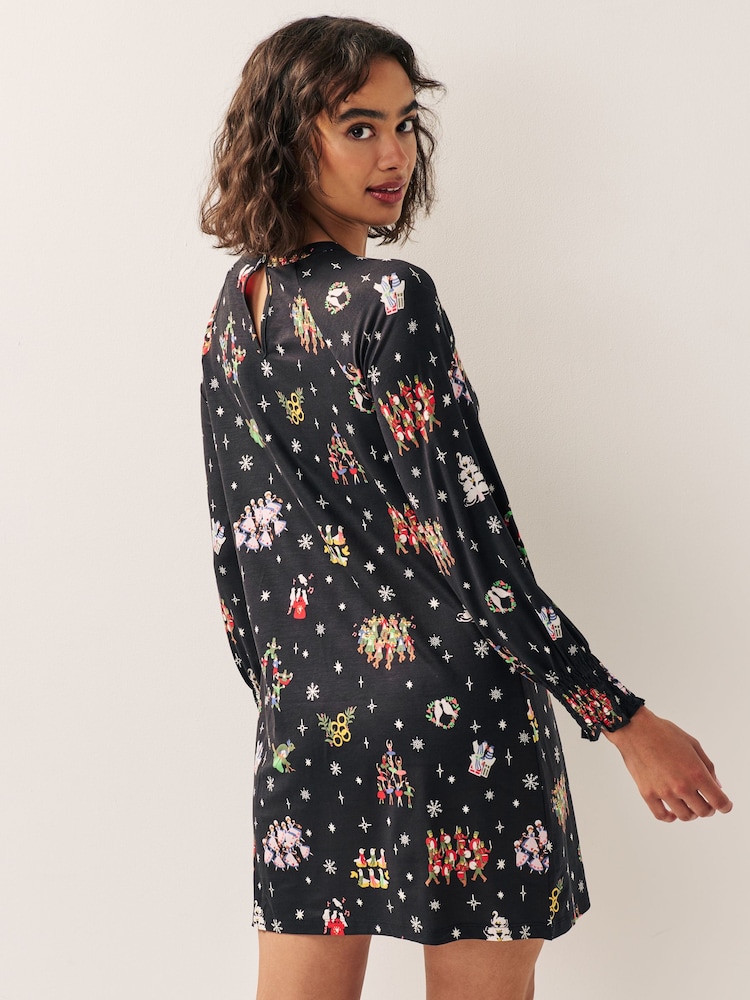 Black Graphic Long Sleeve Novelty Christmas Swing Dress - Image 2 of 5
