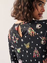 Black Graphic Long Sleeve Novelty Christmas Swing Dress - Image 3 of 5