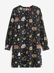Black Graphic Long Sleeve Novelty Christmas Swing Dress - Image 4 of 5