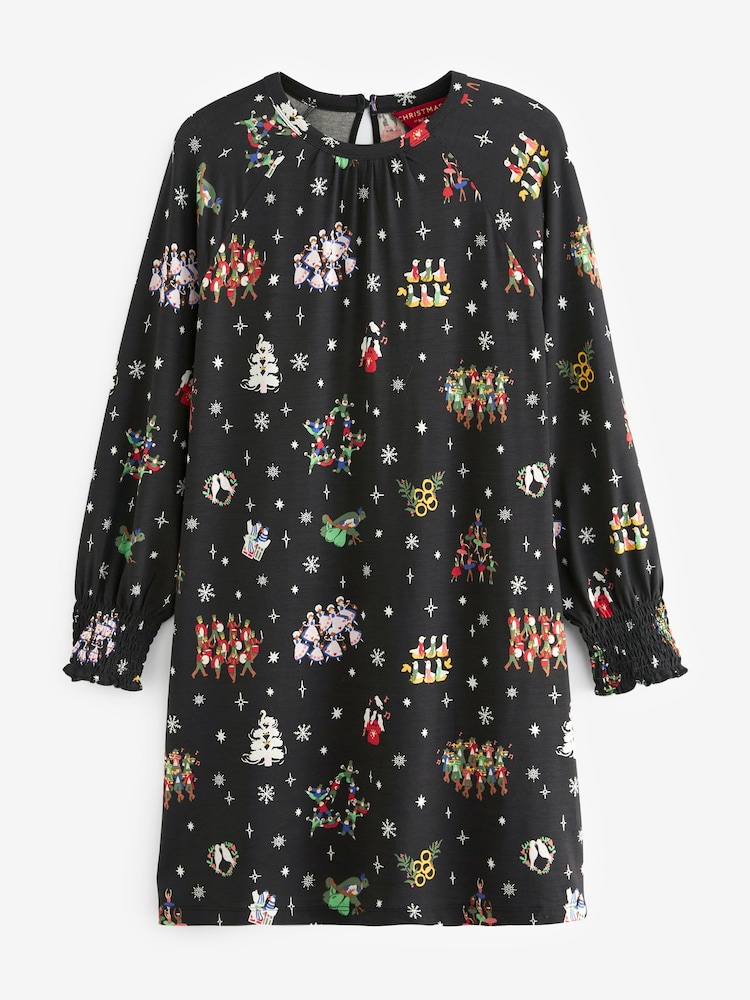 Noir imprimé - Robe évasée de Noël fantaisie à manches longues - Image 4 of 5