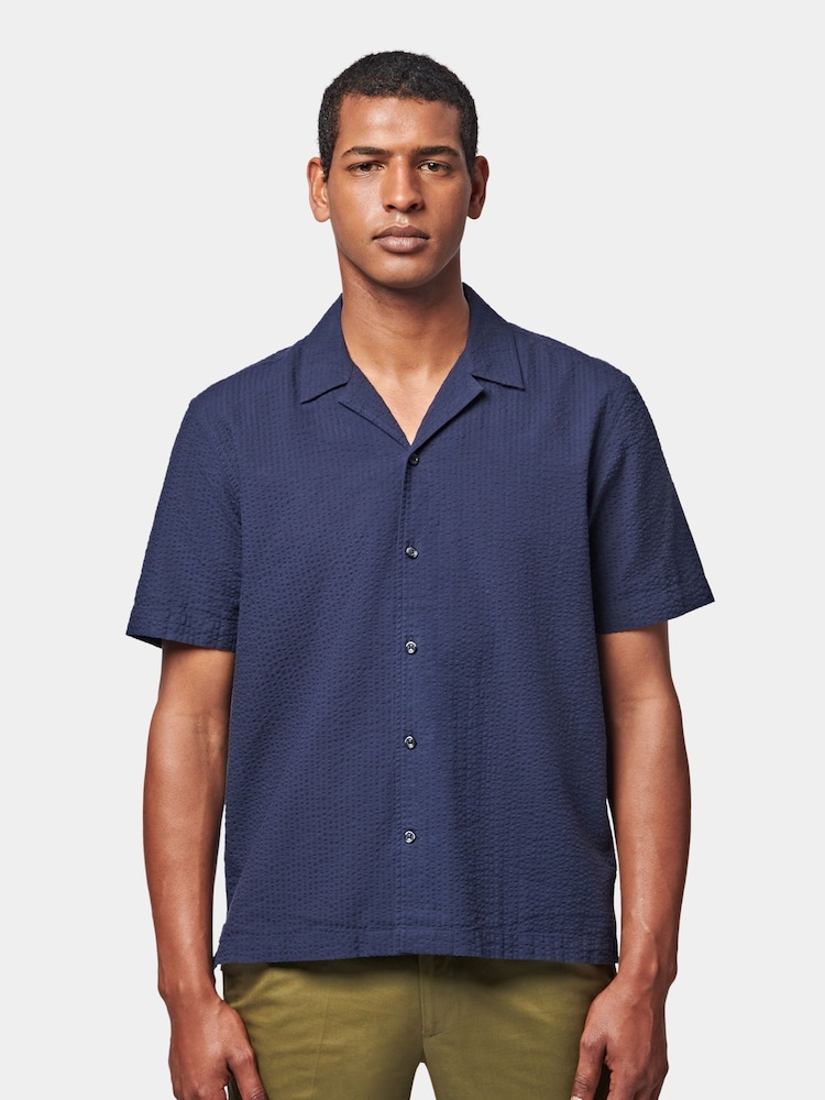Peckham Rye Blue Revere Collar Seersucker Short Sleeve Shirt - Image 1 of 6