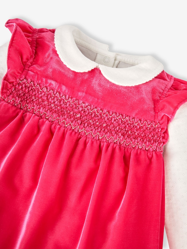JoJo Maman Bébé Rose Pink 2-Piece Smocked Velvet Baby Dress & Body Set - Image 3 of 3