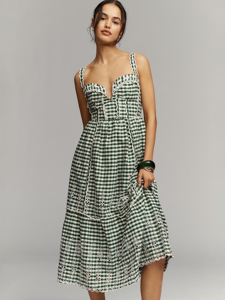 Anthropologie Green Sleeveless Sweetheart Gingham Midi Dress - Image 1 of 4