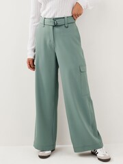 Duck Egg Blue Smart Belted Wide Leg Cargo Trousers - Image 1 of 7
