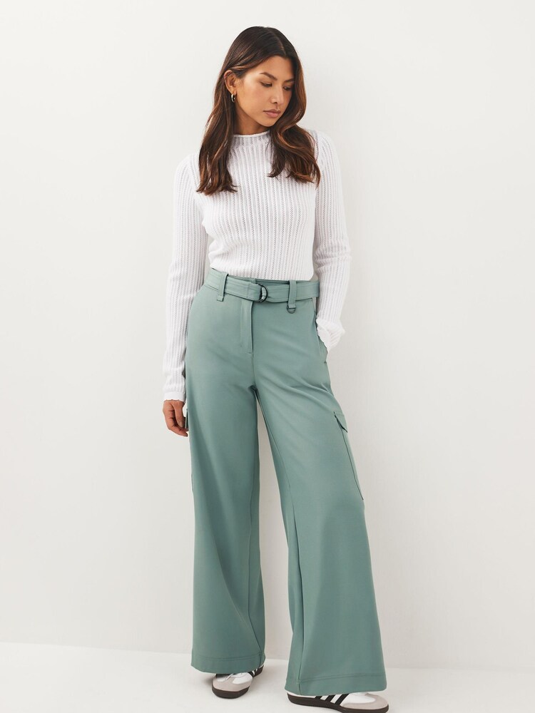 Duck Egg Blue Smart Belted Wide Leg Cargo Trousers - Image 2 of 7
