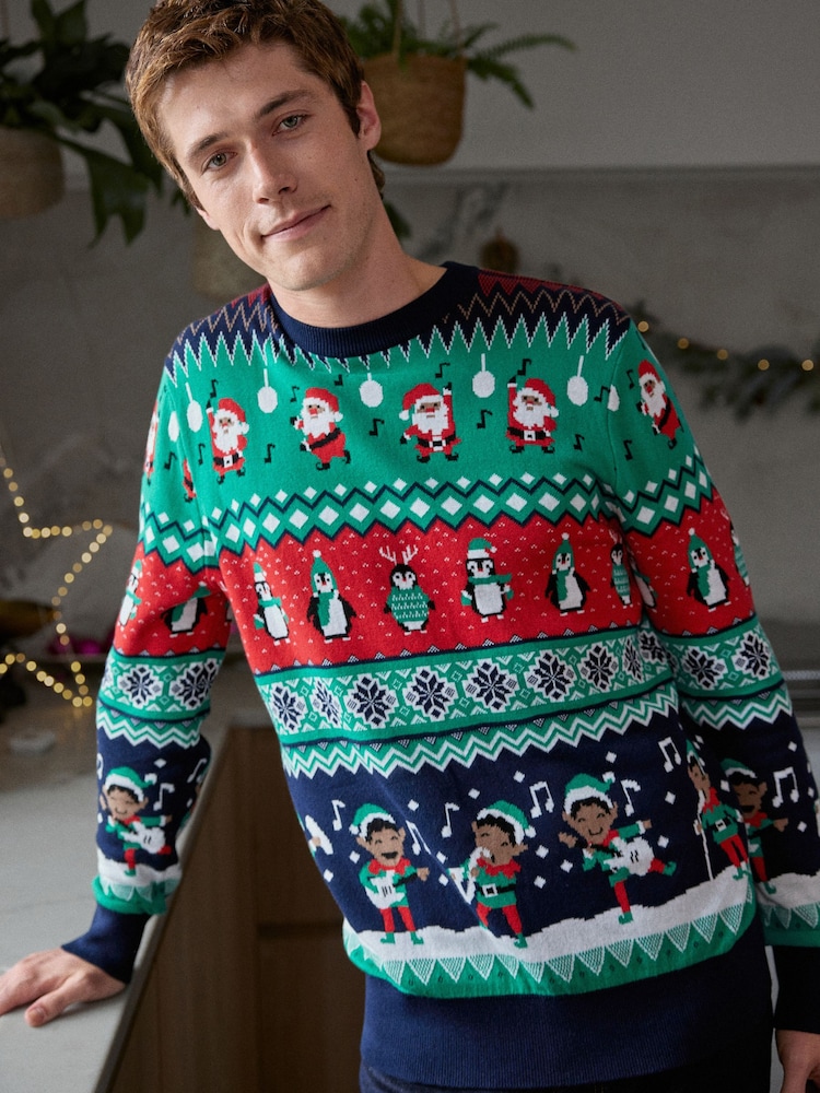 Green Regular Wrapping Knitted Mens Christmas Cotton Jumper - Image 1 of 9