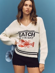 Anthropologie Cream Maeve V-Neck Nautical Linen-Blend Jumper - Image 1 of 4