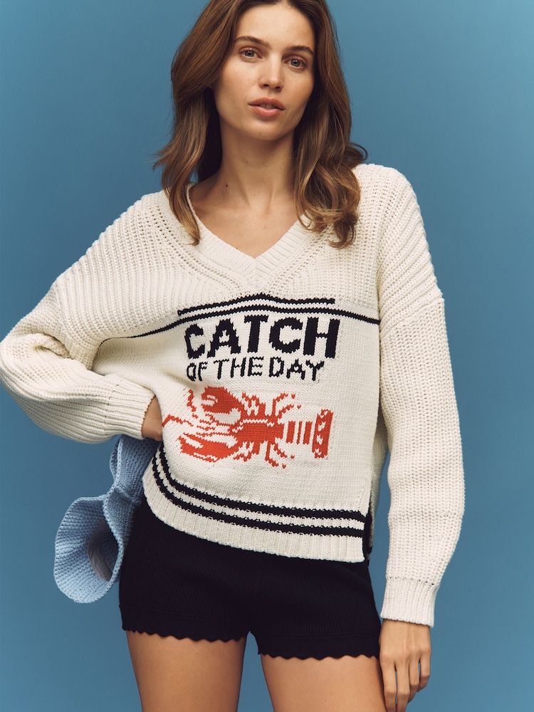 Anthropologie Cream Maeve V-Neck Nautical Linen-Blend Jumper - Image 1 of 4