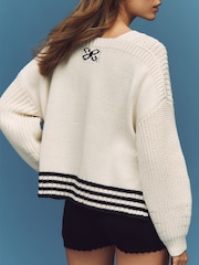 Anthropologie Cream Maeve V-Neck Nautical Linen-Blend Jumper - Image 2 of 4