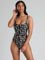 South Beach Black Animal Tummy Control  Swimsuit with Belt and Buckle - Image 1 of 6