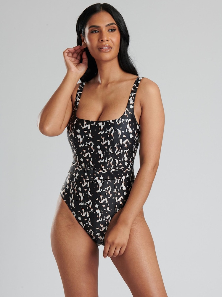 South Beach Black Animal Tummy Control  Swimsuit with Belt and Buckle - Image 1 of 6