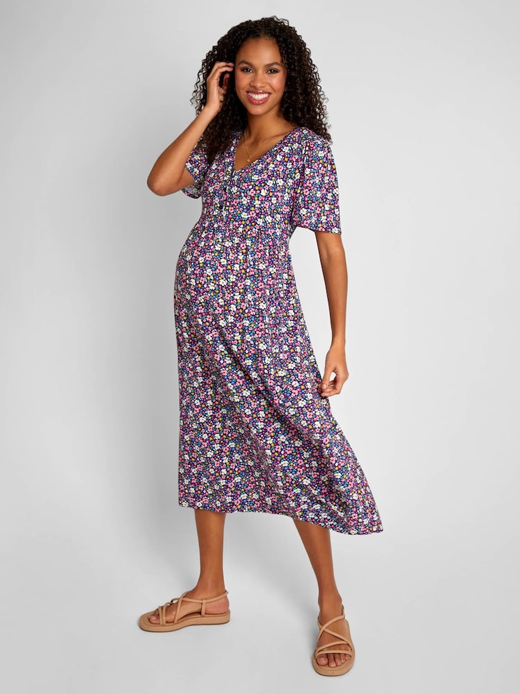 JoJo Maman Bébé Pink Floral Print V-Neck Maternity Midi Dress - Image 1 of 5