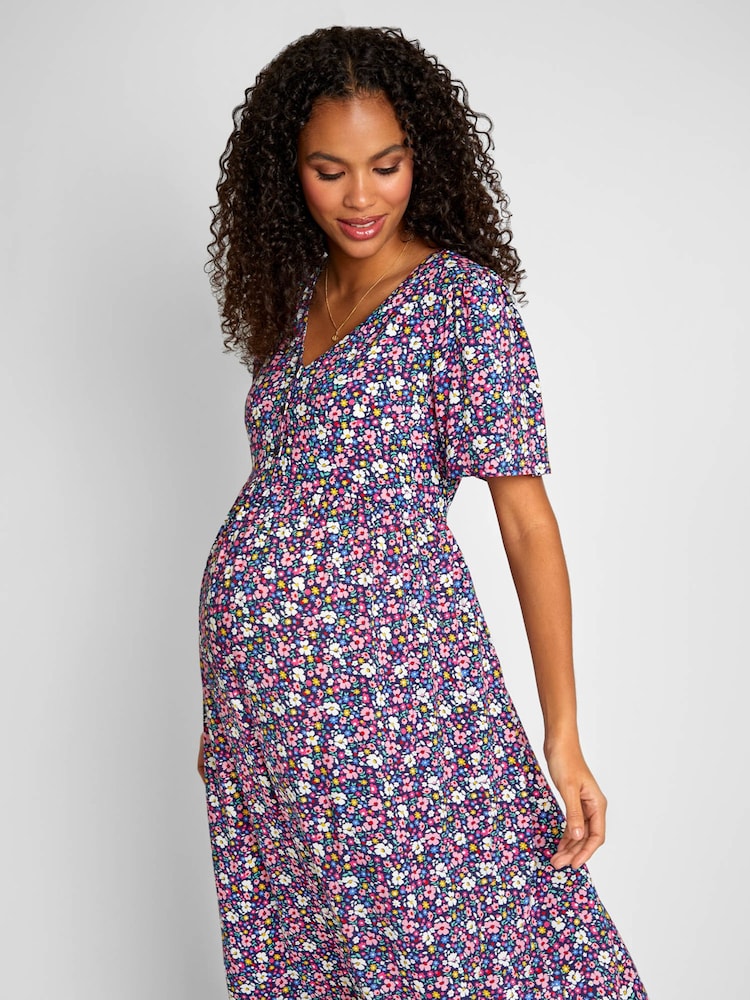 JoJo Maman Bébé Pink Floral Print V-Neck Maternity Midi Dress - Image 2 of 5