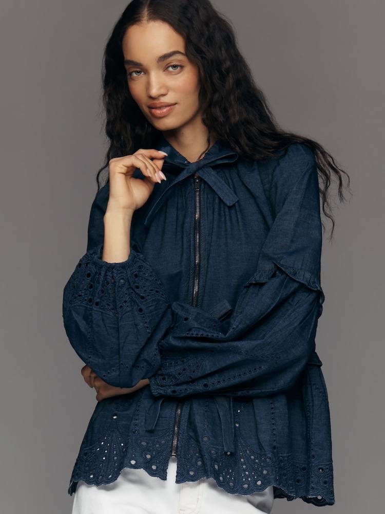 Anthropologie Blue Maeve Embroidered Hooded Denim Jacket - Image 1 of 5