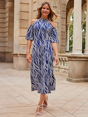 Sosandar Blue Cold Shoulder Midi Dress - Image 3 of 5