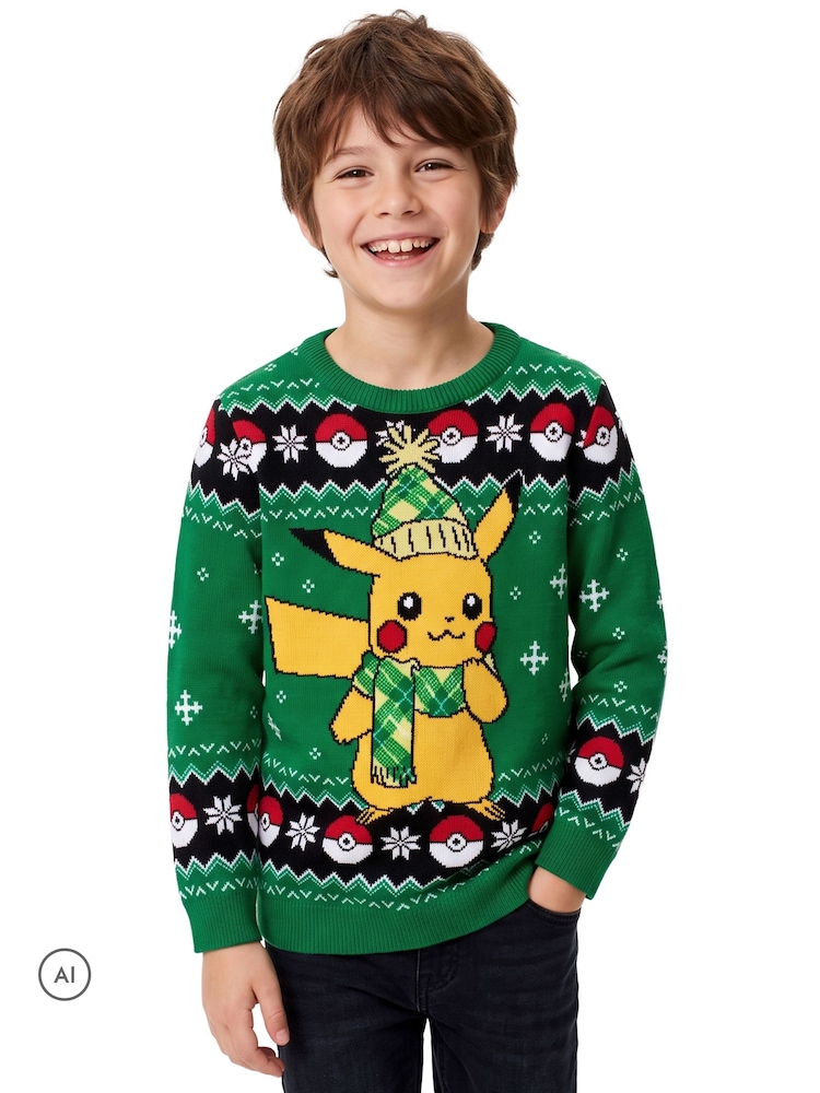 Character Green Pokemon Pikachu Christmas Jumper - Image 2 of 9 Character Green Pokemon Pikachu Christmas Jumper - Image 2 of 9