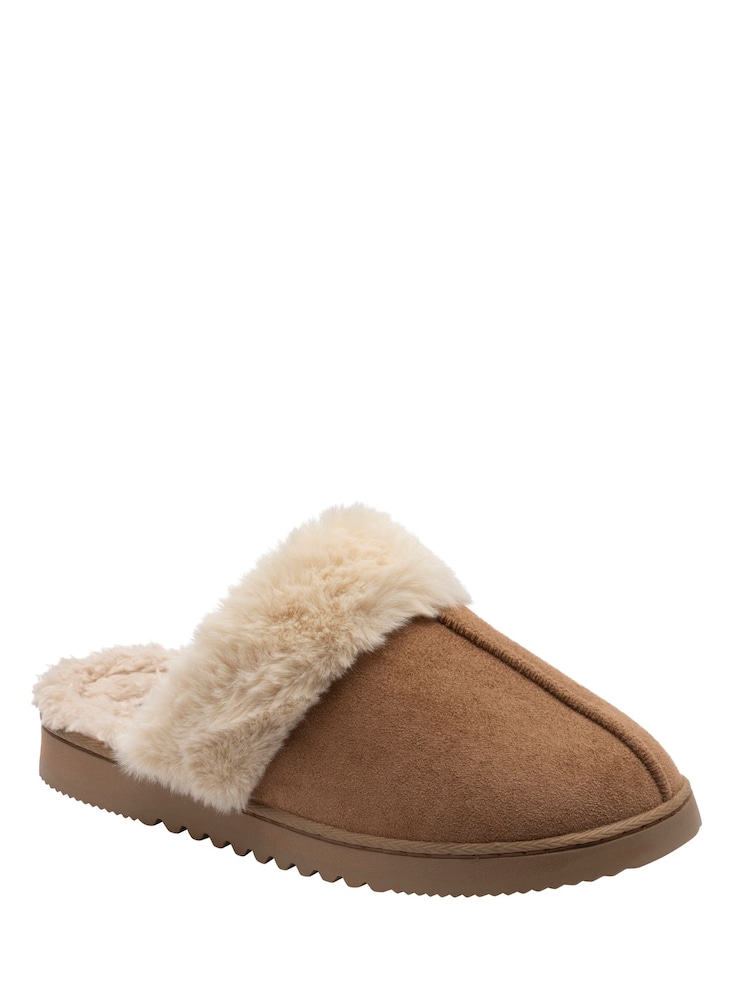 Dunlop Tan Brown Fur Trim Mule Slippers - Image 1 of 4