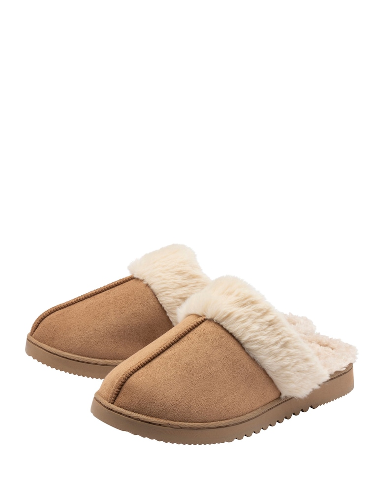 Dunlop Tan Brown Fur Trim Mule Slippers - Image 2 of 4