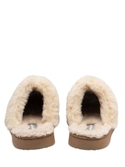 Dunlop Tan Brown Fur Trim Mule Slippers - Image 3 of 4