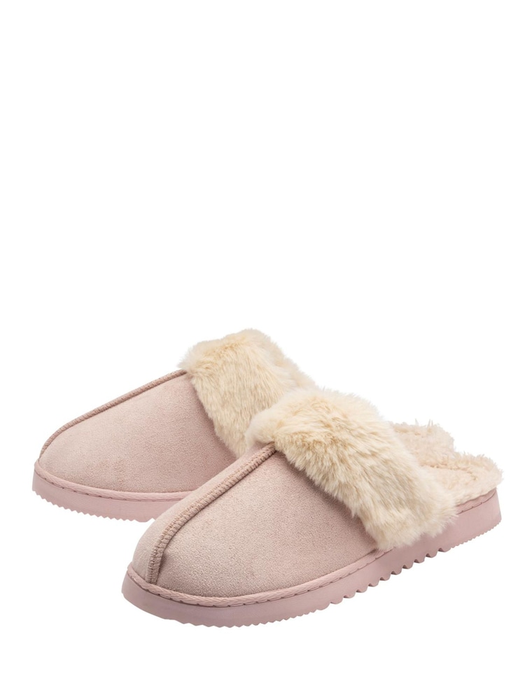 Dunlop Pink Fur Trim Mule Slippers - Image 2 of 4 Dunlop Pink Fur Trim Mule Slippers - Image 2 of 4