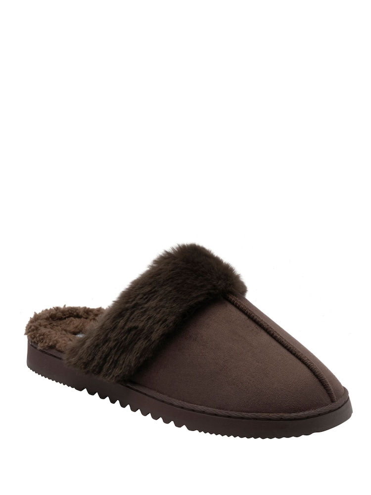 Dunlop Brown Fur Trim Mule Slippers - Image 1 of 4 Dunlop Brown Fur Trim Mule Slippers - Image 1 of 4