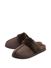 Dunlop Brown Fur Trim Mule Slippers - Image 2 of 4